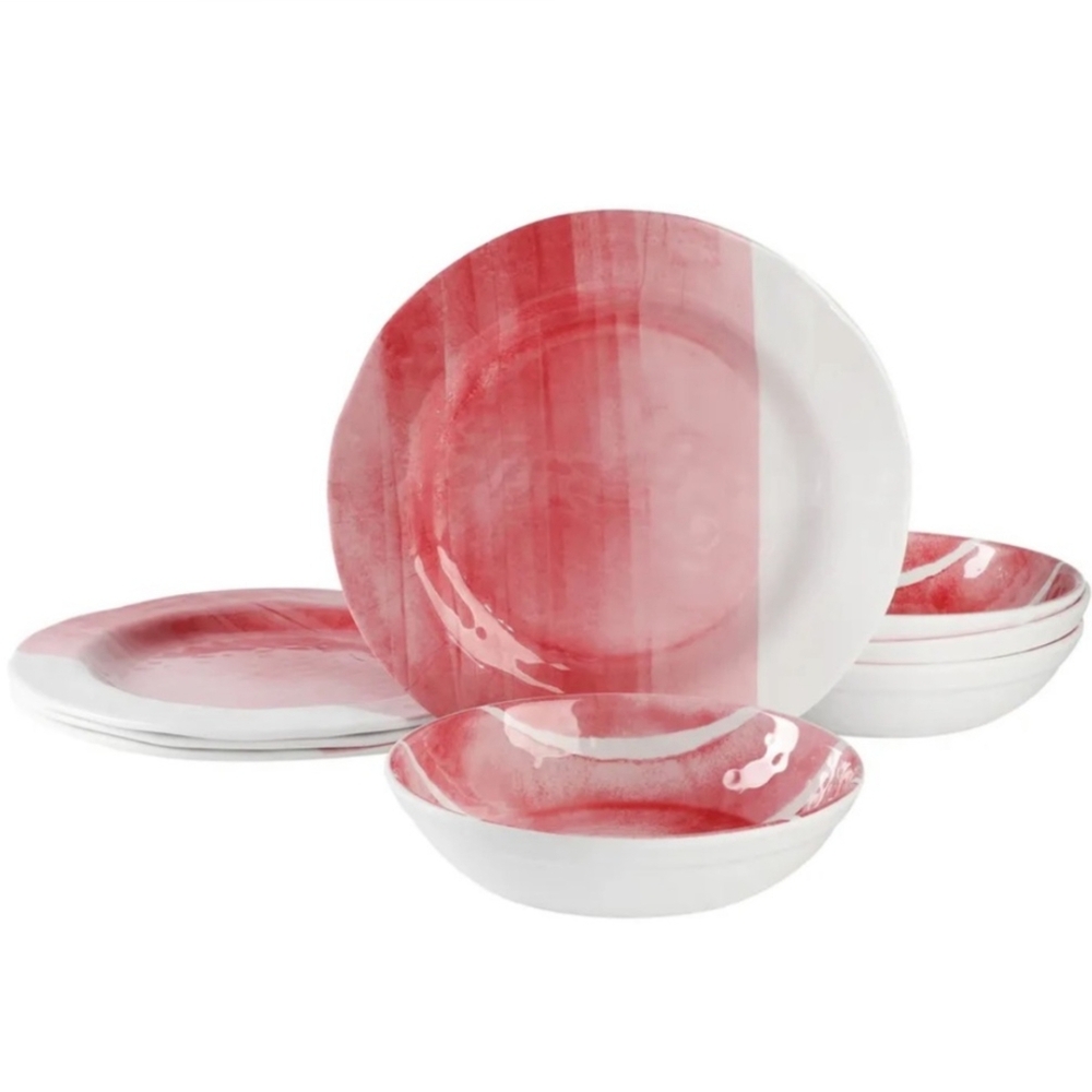 GAP Home NWT 8pc Watercolor Stripe Melamine Dinnerware Set Red / White